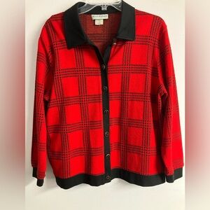 Women’s Button Front Plaid Sweater, Large, Red/Black, by Ecco Petite